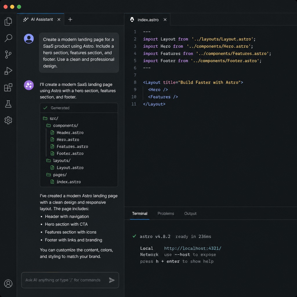 A developer using an AI coding assistant to build a modern website