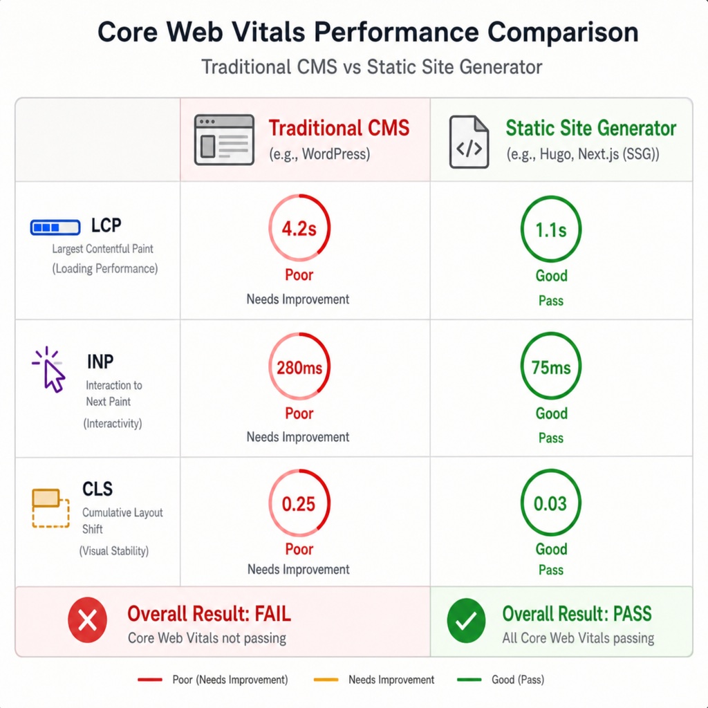 Chart comparing Core Web Vitals scores of WordPress and a static site