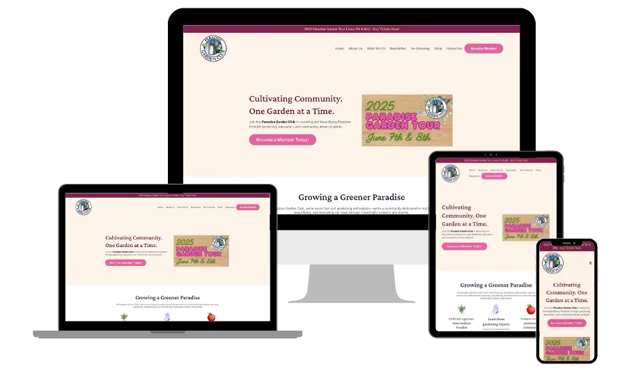 Paradise Garden Club website mockup